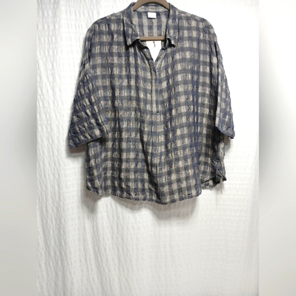 Poetry Plaid Boxy Relaxed Fit Pull On Linen/Cotton Top. Ladies Size 14 - Picture 1 of 7